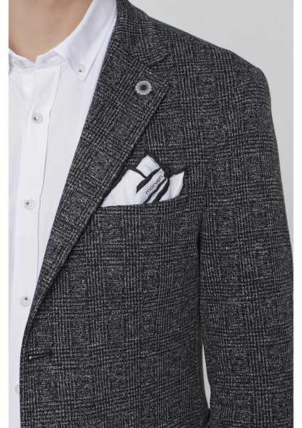 Erkek Siyah Avrasya Ekose Örme Slim Fit Dar Kesim Ceket