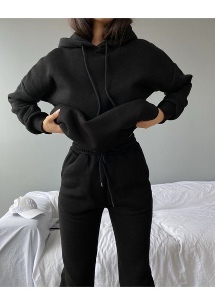 Kadın Siyah Oversize Kapüşonlu Sweatshirt Polarlı Pamuk Basic Eşofman Takım