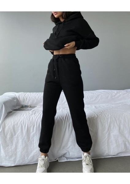 Kadın Siyah Oversize Kapüşonlu Sweatshirt Polarlı Pamuk Basic Eşofman Takım