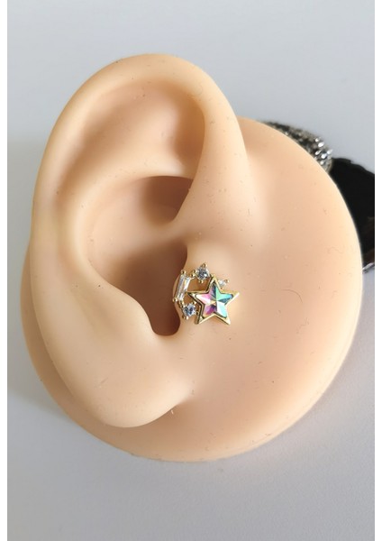 Cerrahi Çelik Barlı Renkli Taşlı Yıldız Piercing - 1 Adet