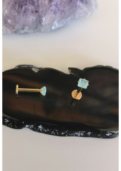Cerrahi Çelik Buz Mavisi Kare Taşlı Labret Piercing-Bar Boy 8mm/1 Adet