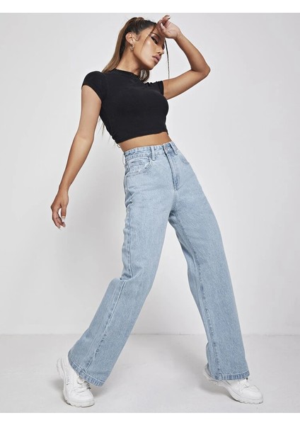 Buz Mavi Likralı Bol Paça Flare Jeans Salaş Kot Pantolon
