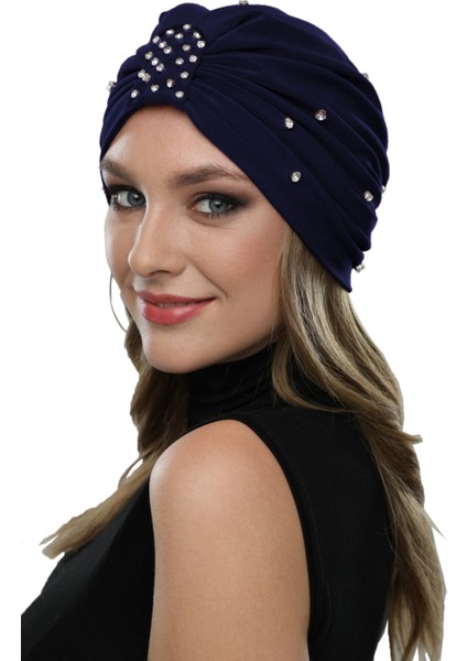 Swarovskili Astarlı El Işi Swarovski İşlemeli Lacivert Hazır Türban Tesettür Bone modelleri