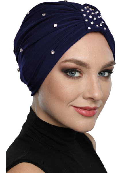 Swarovskili Astarlı El Işi Swarovski İşlemeli Lacivert Hazır Türban Tesettür Bone fırsatları