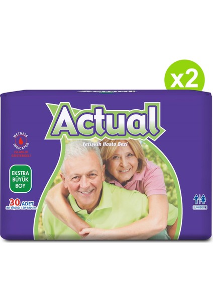 2'Li Actual Xlarge Beden Extra Büyük Boy Yetişkin Hasta Bezi 30x2 (60 Adet)