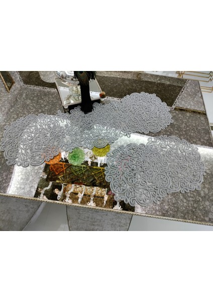 Neubella Home Amerikan Servis Supla Ve Runner Seti 6 Kişilik Sarmaşık Set Masa Ve Sunum Takımı Çeyizlik Gri