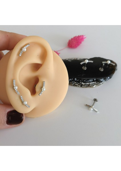 Cerrahi Çelik Incili, Zirkon Taşlı Piercing- 1 Adet