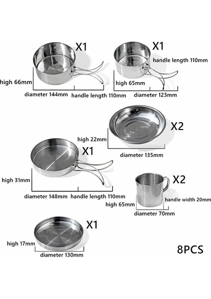 8'li Açık Taşınabilir Kamp Piknik Tencere Paslanmaz Çelik Kase ve Plaka Kombinasyonu (Yurt Dışından)