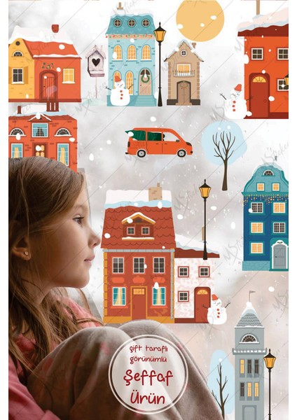 Yılbaşı Yeni Yıl Karlı Şehir 2023 Şeffaf Yılbaşı Süsü Kış Temalı Cam Sticker Seti