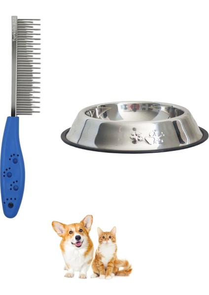 2 Li Set Tüy Açıcı Kedi Köpek Metal Tarağı Fırçası ve 22 cm Paslanmaz Çelik Evcil Hayvan Kedi Köpek Mama Kabı