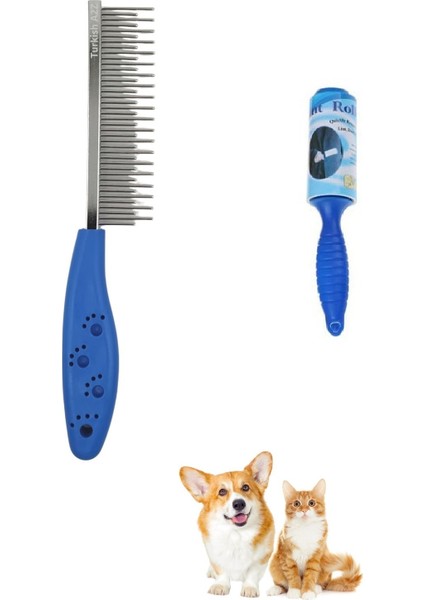 2li Set Tüy Açıcı Kedi Köpek Metal Tarağı Fırçası ve Tüy Toz Toplama Rulosu