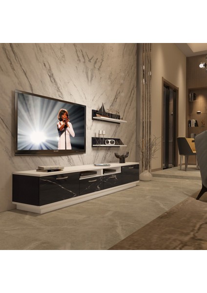 Trendstyle 220 Mdf Tv Ünitesi Tv Sehpası Beyaz Siyah Mermer