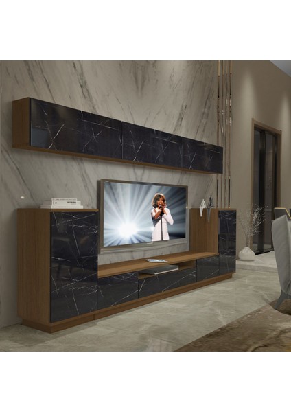 Trendstyle 9s Mdf Tv Ünitesi Tv Sehpası Ceviz Siyah Mermer