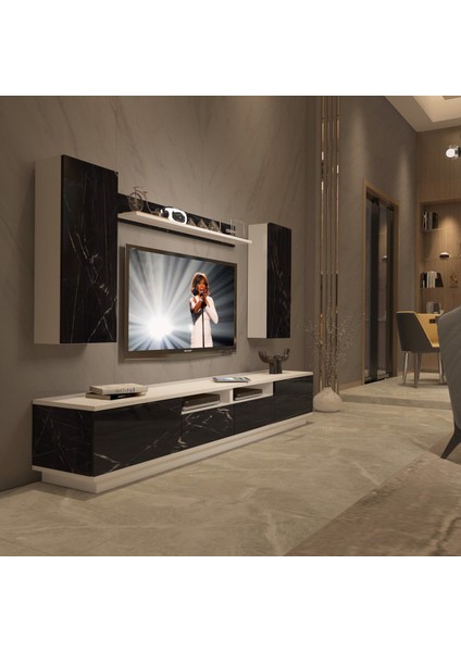 Trendstyle 5220DS Mdf Tv Ünitesi Tv Sehpası Beyaz Siyah Mermer
