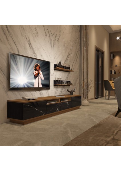 Trendstyle 220RS Mdf Tv Ünitesi Tv Sehpası Ceviz Siyah Mermer