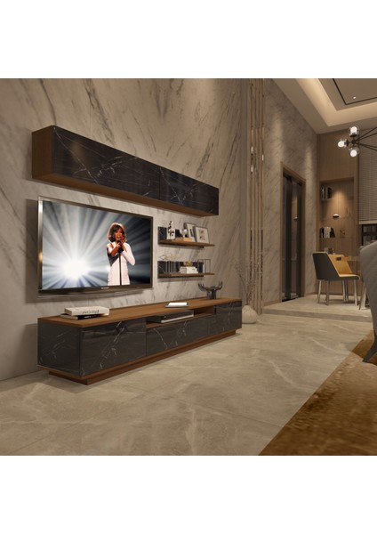 Trendstyle 5s Slm Tv Ünitesi Tv Sehpası Ceviz Siyah Mermer