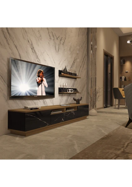 Trendstyle 220RS Mdf Tv Ünitesi Tv Sehpası Pera Siyah Mermer