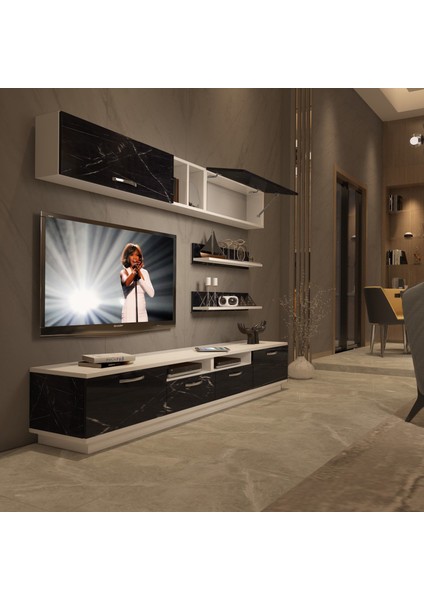 Trendstyle 5220 Mdf Tv Ünitesi Tv Sehpası Beyaz Siyah Mermer