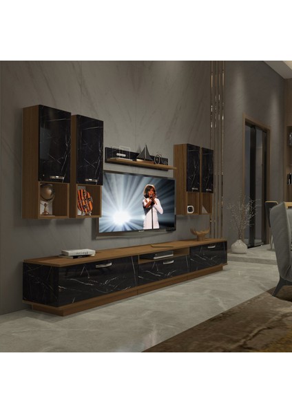 Trendstyle 8da Slm Tv Ünitesi Tv Sehpası Ceviz Siyah Mermer