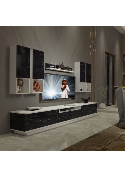 Trendstyle 8das Slm Tv Ünitesi Tv Sehpası Beyaz Siyah Mermer
