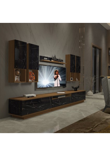 Trendstyle 8das Slm Tv Ünitesi Tv Sehpası Ceviz Siyah Mermer