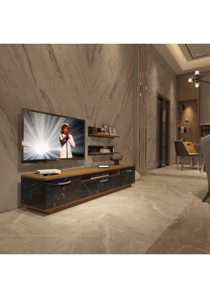 Trendstyle 4 Mdf Tv Ünitesi Tv Sehpası Ceviz Siyah Mermer