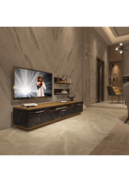 Trendstyle 4 Mdf Tv Ünitesi Tv Sehpası Pera Siyah Mermer