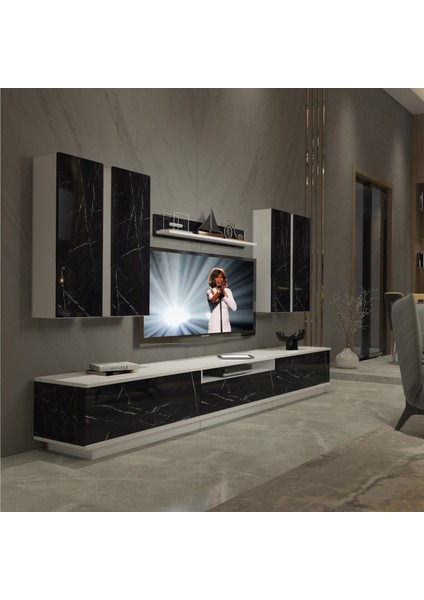 Trendstyle 8ds Slm Tv Ünitesi Tv Sehpası Beyaz Siyah Mermer