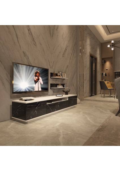 Trendstyle 4s Mdf Tv Ünitesi Tv Sehpası Beyaz Siyah Mermer