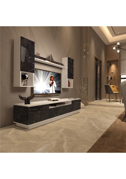 Trendstyle 5das Slm Tv Ünitesi Tv Sehpası Beyaz Siyah Mermer