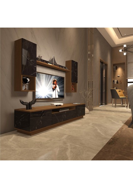 Trendstyle 5das Slm Tv Ünitesi Tv Sehpası Ceviz Siyah Mermer