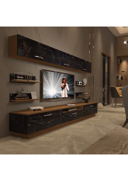 Trendstyle 8y Mdf Tv Ünitesi Tv Sehpası Ceviz Siyah Mermer