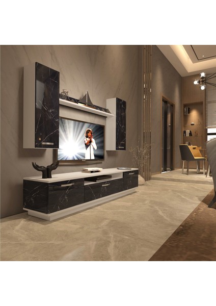 Trendstyle 5d Mdf Tv Ünitesi Tv Sehpası Beyaz Siyah Mermer