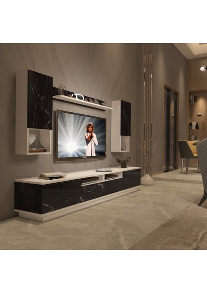 Trendstyle 5220DAS Mdf Tv Ünitesi Tv Sehpası Beyaz Siyah Mermer
