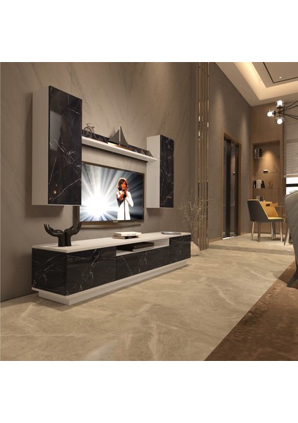 Trendstyle 5ds Slm Tv Ünitesi Tv Sehpası Beyaz Siyah Mermer