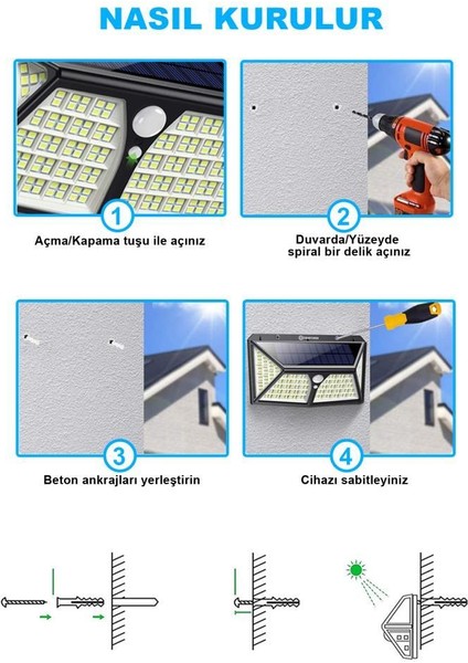 Dp-71 100 Ledli Hareket Sensörlü Güneş Enerjisiyle Çalışan Su Geçirmez Duvar Lambası 5 Adet indirimleri