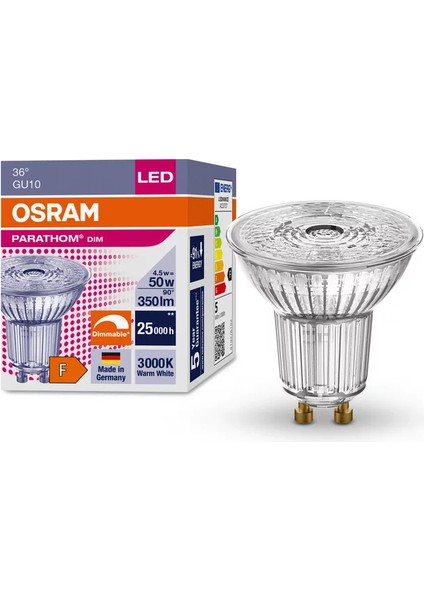 Parathom Dim 4.5-50W Sarı Işık 3000K Dim Edilebilir GU10 220V LED Spot Ampul