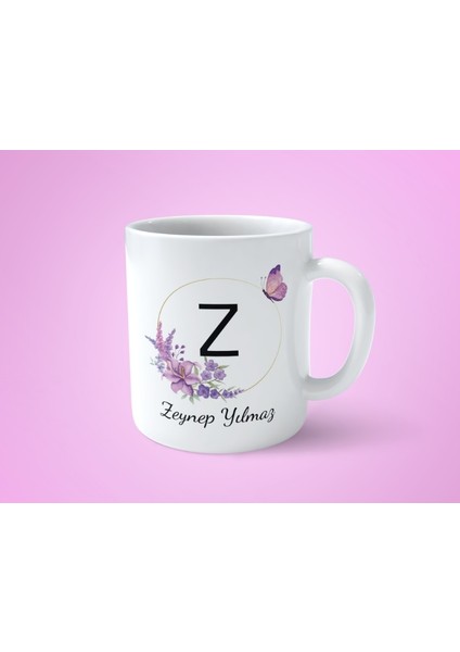 Kişiye Özel Z Baş Harfli Isimli Mor Çerçeveli Beyaz Kupa Bardak-1