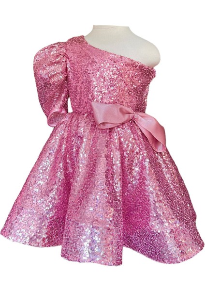 Pink Shine Pembe Tek Omuz Kız Çocuk Özel Gün Doğum Günü Abiye Elbise Little Girl Dress