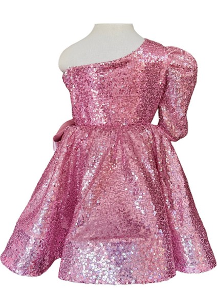 Pink Shine Pembe Tek Omuz Kız Çocuk Özel Gün Doğum Günü Abiye Elbise Little Girl Dress