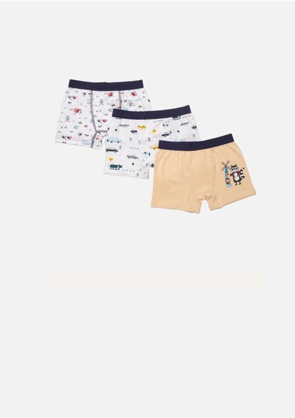 Karışık Desen Baskılı Penye Elastan Erkek Çocuk 3'lü Boxer Set