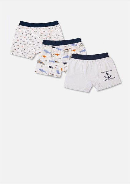 Çapa ve Köpek Balığı Desen Baskılı Likralı Penye Erkek Çocuk 3'lü Boxer Set