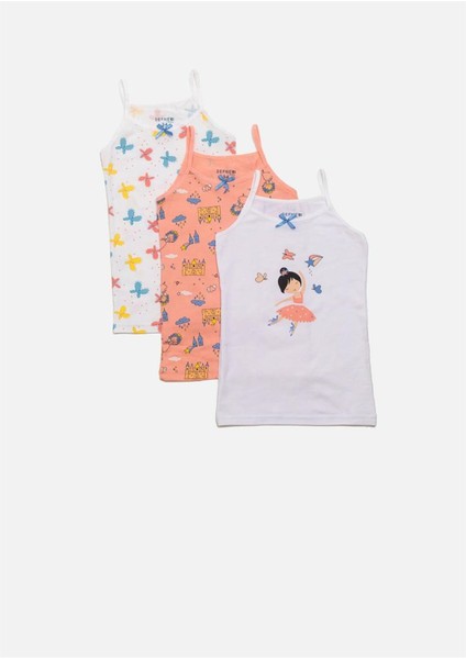 Desen Baskılı Ince Askılı Likralı Penye Kız Çocuk 3'lü Atlet Set