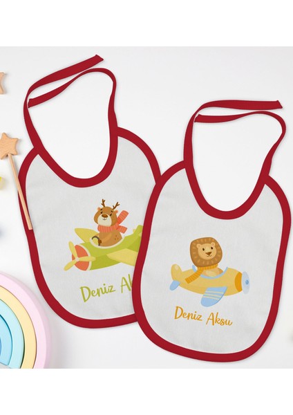 Kids Kişiye Özel Sevimli Pilot Tasarımlı 2’li Kırmızı Mama Önlüğü-2