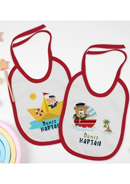 Kids Kişiye Özel Sevimli Kaptan Tasarımlı 2’li Kırmızı Mama Önlüğü-1