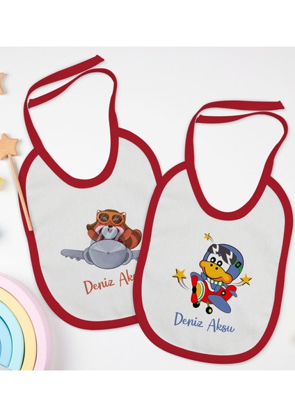 Kids Kişiye Özel Sevimli Pilot Tasarımlı 2’li Kırmızı Mama Önlüğü-1