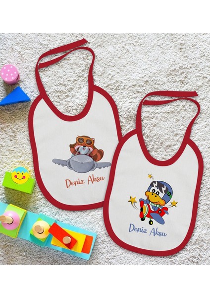 Kids Kişiye Özel Sevimli Pilot Tasarımlı 2’li Kırmızı Mama Önlüğü-1 fiyatları