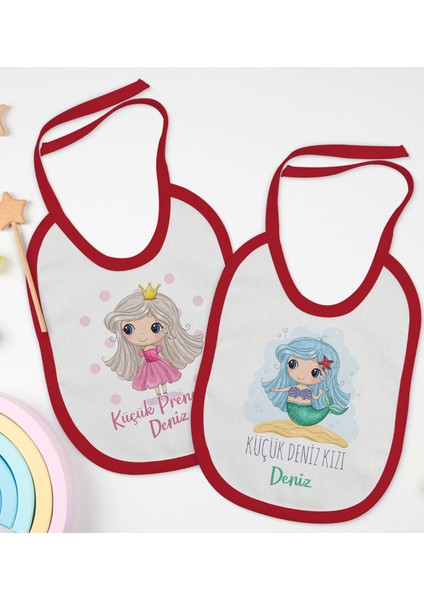 Kids Kişiye Özel Küçük Deniz Kızı ve Prenses Tasarımlı 2’li Kırmızı Mama Önlüğü-1