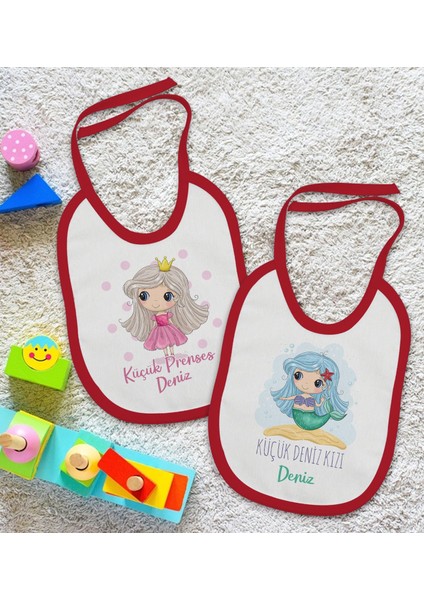 Kids Kişiye Özel Küçük Deniz Kızı ve Prenses Tasarımlı 2’li Kırmızı Mama Önlüğü-1 fiyatları