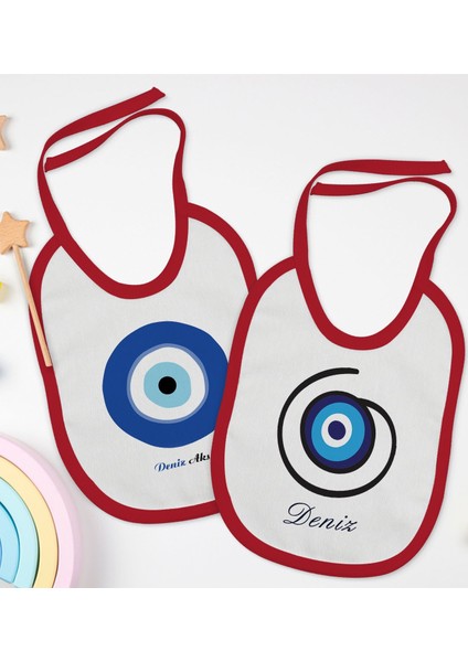 Kids Kişiye Özel Nazar Boncuğu Tasarımlı 2’li Kırmızı Mama Önlüğü-1
